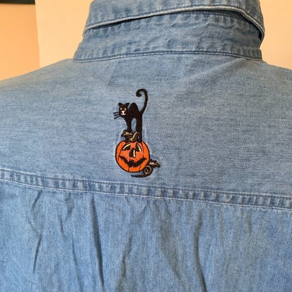 VTG Halloween Jean Button Up Shirt Sz L Embroidered Pumpkins Black Cat Spooky - Picture 5 of 7